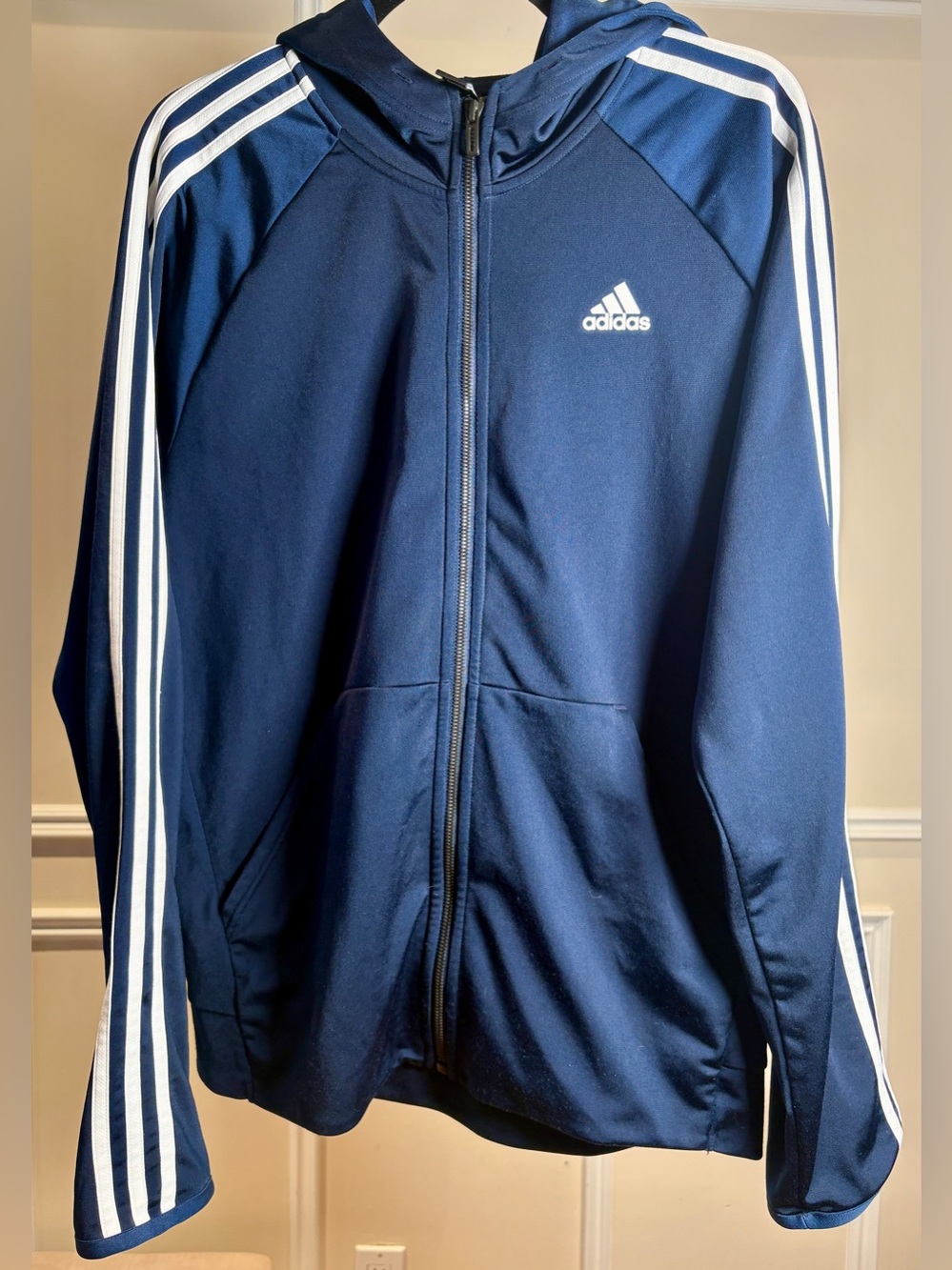 adidas Navy and White Lightweight Full-Zip Hooded Track Jacket